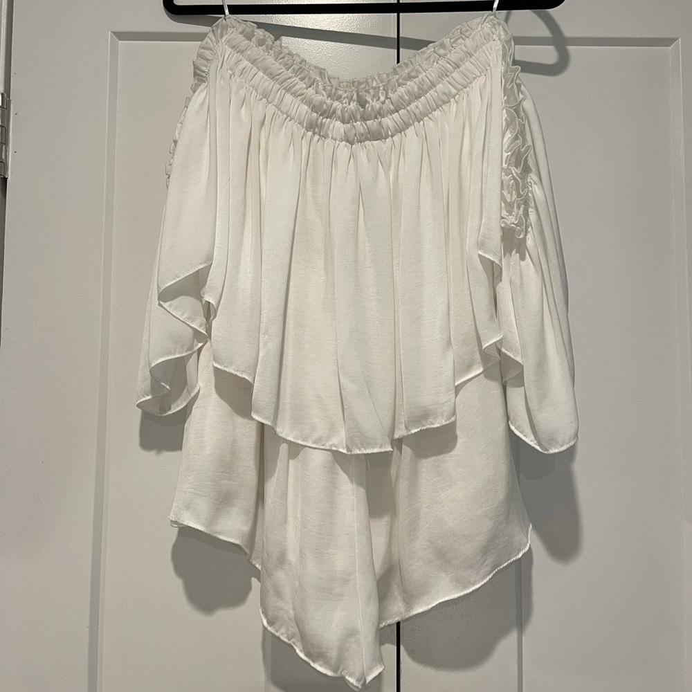 White off the shoulder romper shorts short sleeves